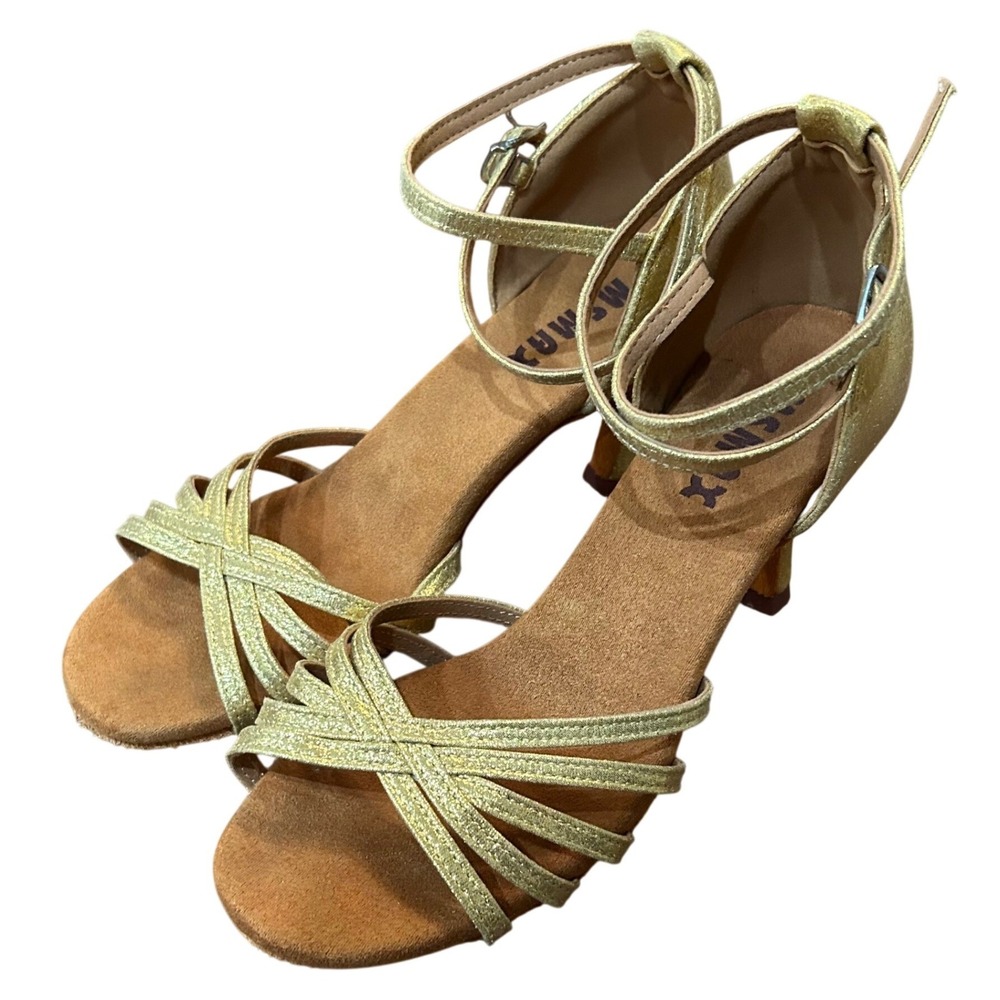 MSMAX Ballroom Dance Shoes Womens Gold Strappy Latin Salsa Sandals Size 38